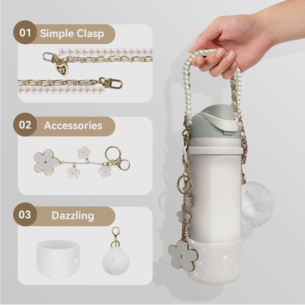 Tumbler accessories - White Floral Charm Strap and Pom Pom Keychain Set - NEW - Picture 2 of 8